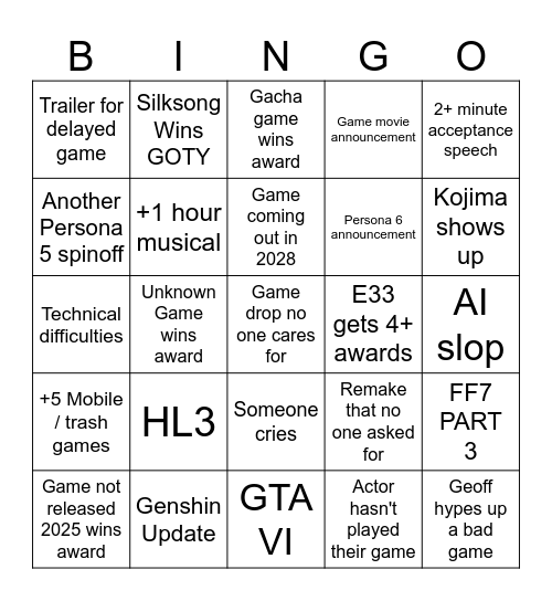 GOTY 2025 Bingo Card