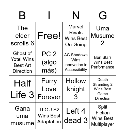 The Game Awards 2025 Bingo Card