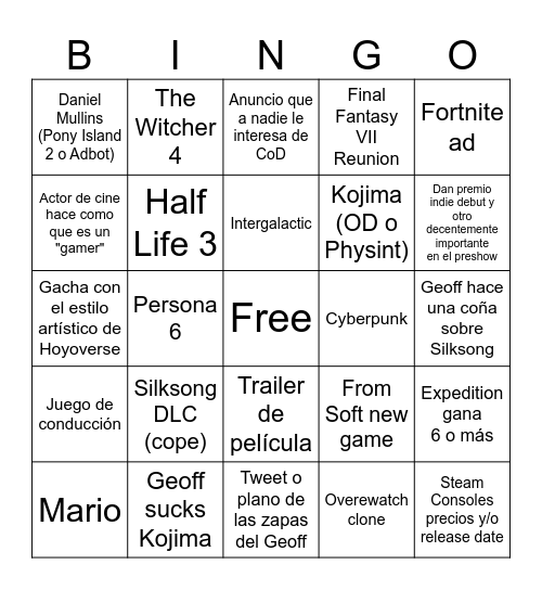 Game Awards 2025 Bingo Card