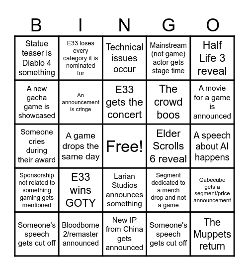Game Awards 2025 Bingo Card