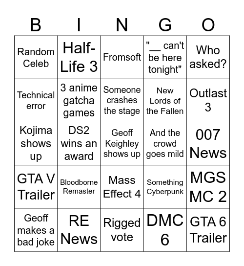 Game Awards 2025 Bingo Card