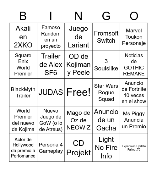 Game Awards 2025 Bingo Card
