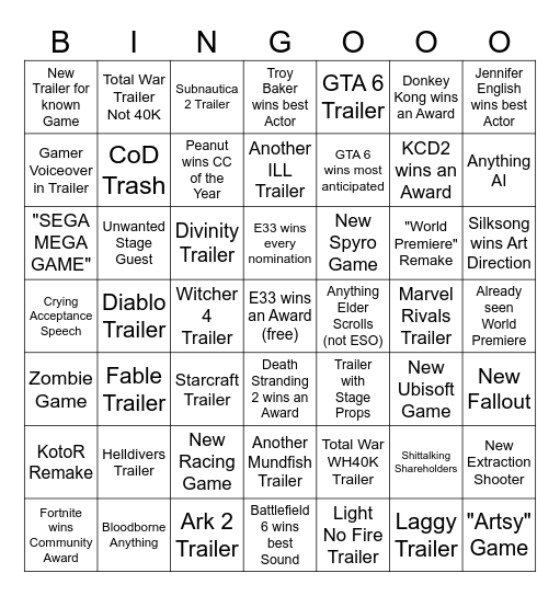 TGA Bingo Card