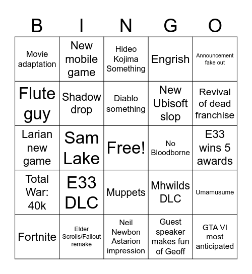 Game Awards Bingo Card