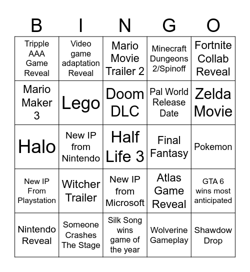Game Awards Bingo Card