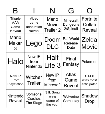 Game Awards Bingo Card