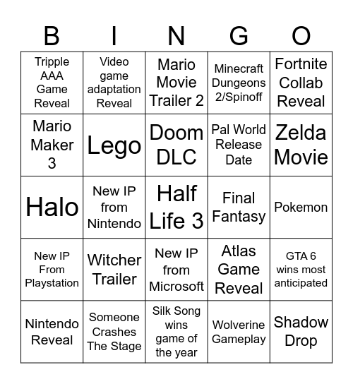 Game Awards Bingo Card