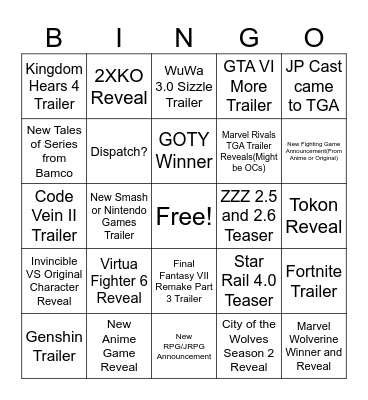 The Game Awards 2025 Bingo Card