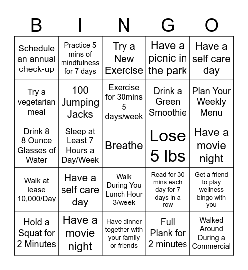 Biggest Loser Bingo Card