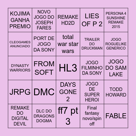 tga Bingo Card