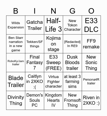 The Game Awards Bingo Card