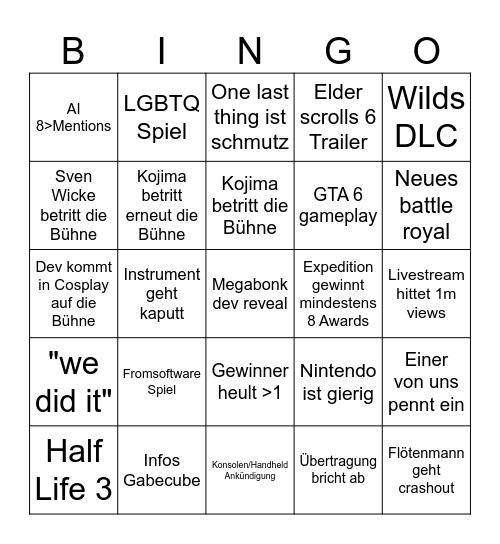 Game Awards Bingo Card