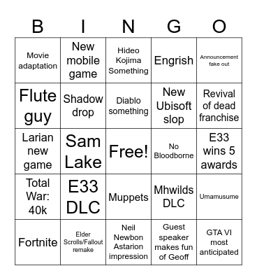 Game Awards Bingo Card