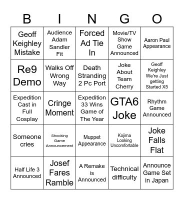 Game Awards Bingus Board Bingo Card