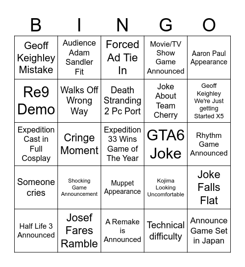 Game Awards Bingus Board Bingo Card