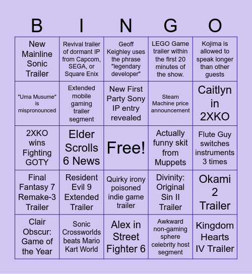 The Game Awards - 2025 Bingo Card