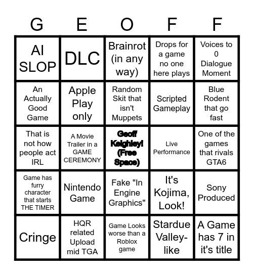 The Game Awards Bingo Sheet Bingo Card