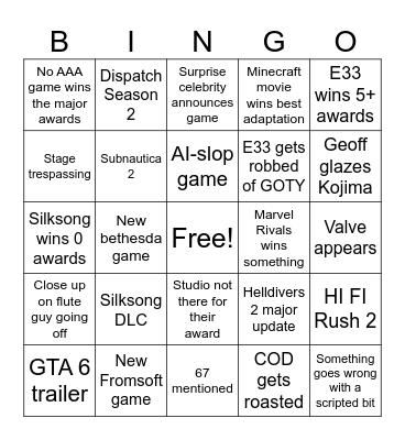 TGA Bingo Card