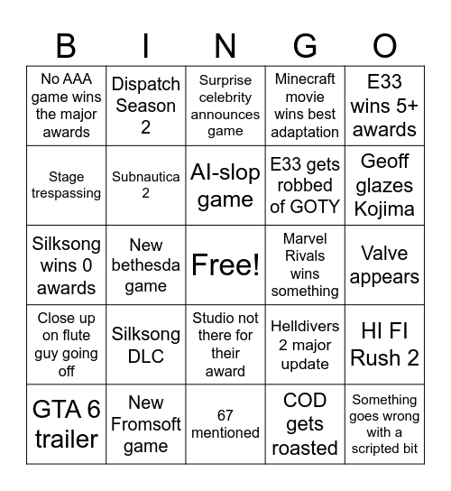TGA Bingo Card
