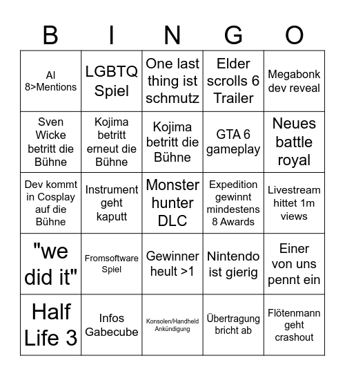 Game Awards Bingo Card