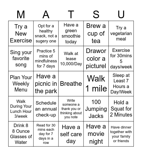 Wellness Bingo Card