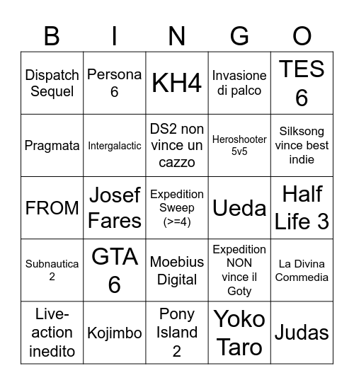 TGA Bingo Card