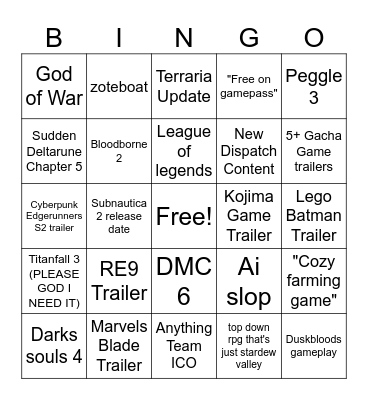 Game Awards 2025 Bingo Card