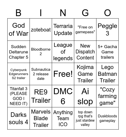 Game Awards 2025 Bingo Card