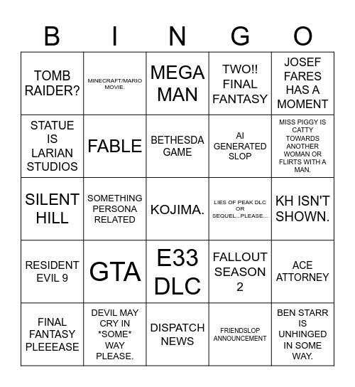 GAME AWARDS 2025 Bingo Card