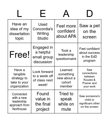 EDD 701 Bingo Card