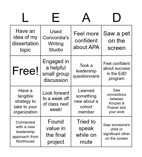EDD 701 Bingo Card