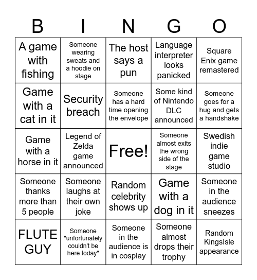Game Awards 2025 Bingo Card