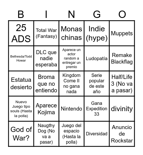 Game Awards 2025 Bingo Card