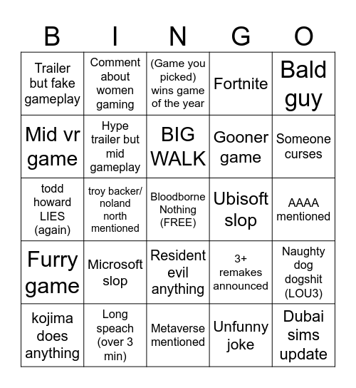 Game Awards Bingo Card