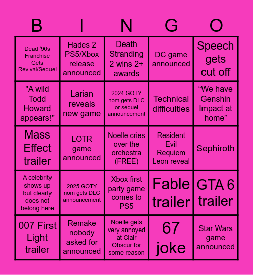 The Game Awards 2025 Bingo Card