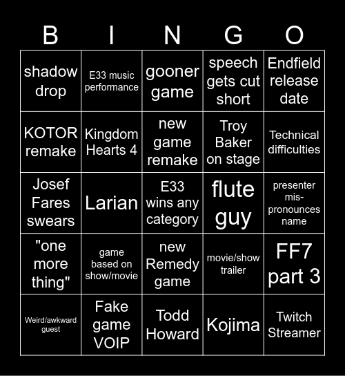 Game Awards 2025 Bingo Card