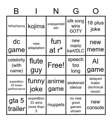 game awards bingo Card