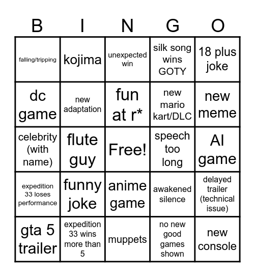 game awards bingo Card