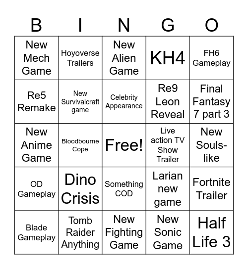 Game Awards Bingo Card