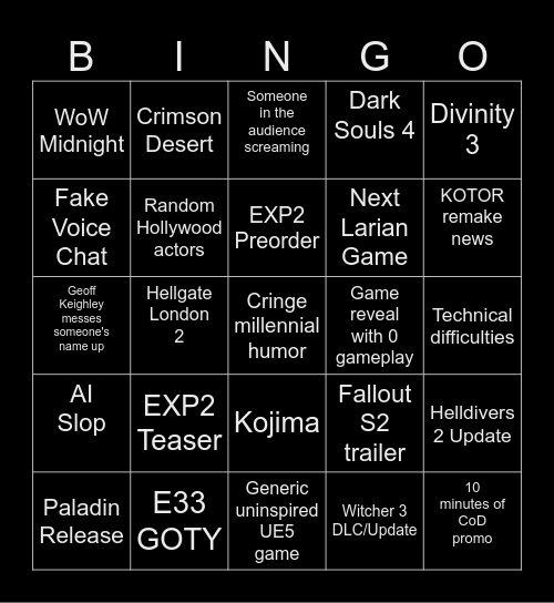 TGA Predictions Bingo Card