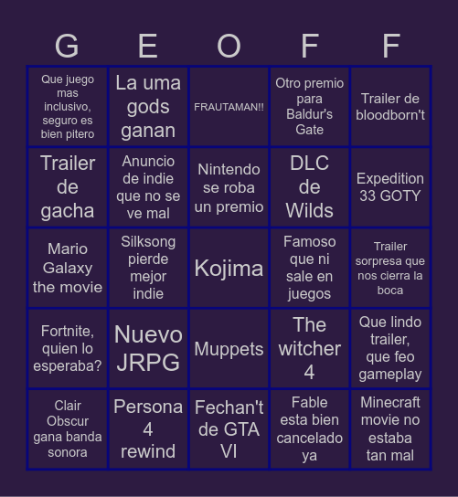 Bingo de los Game Awards 2025 Bingo Card