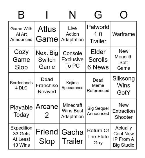 TGA's 2025 Bingo Card