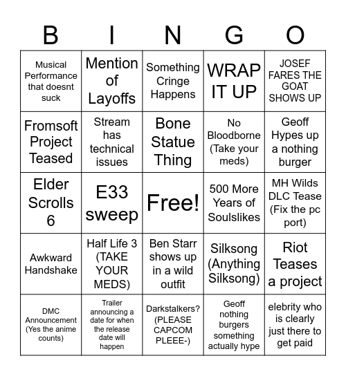 Game Awards 2025 sponsored by SEES Bingo Card