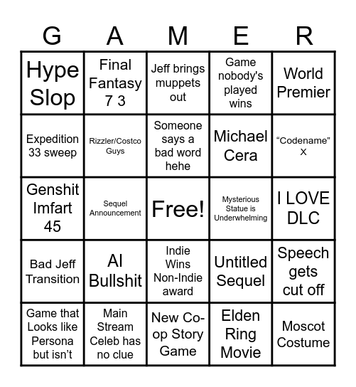 Game Awards Bingo Card