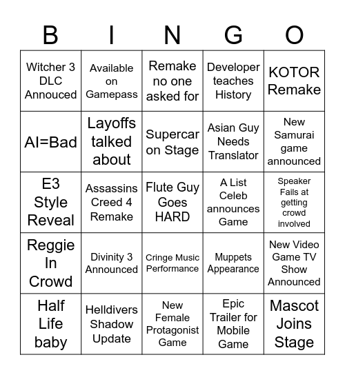 Game Awards 2025 Bingo Card