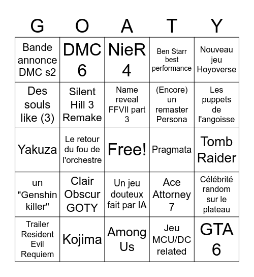 GAME AWARDS Bingo Card