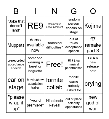 Game Awards Bingo Card