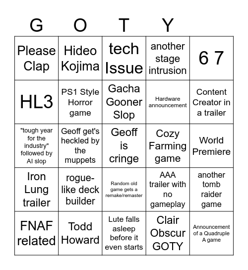 GAME AWARDS 2025 BINGO Card