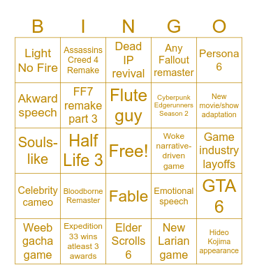 Game Awards 2025 Bingo Card