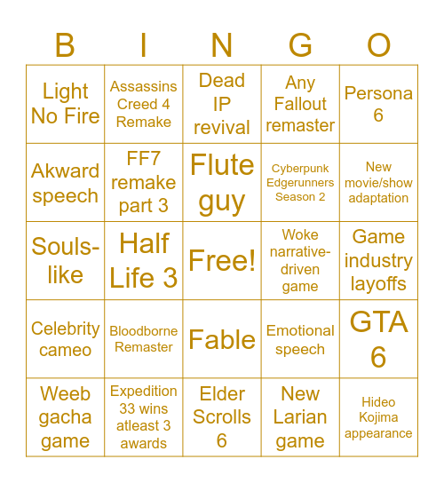 Game Awards 2025 Bingo Card
